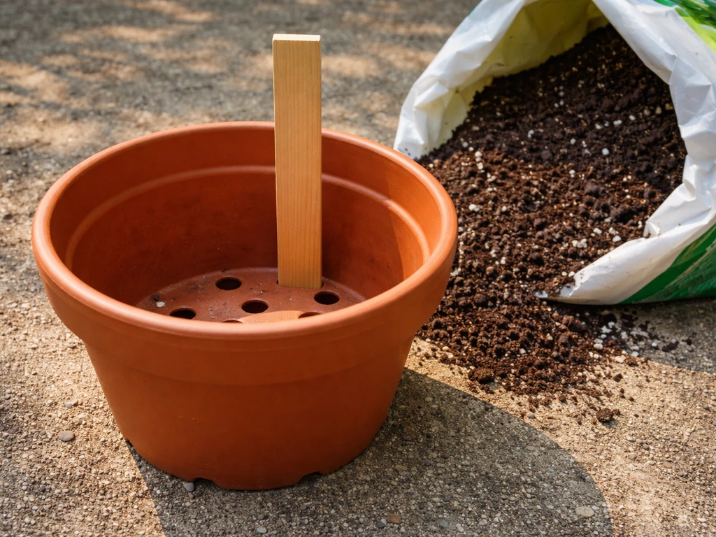Deep pot with drainage holes beside potting mix bag, showing soil depth with a simple ruler