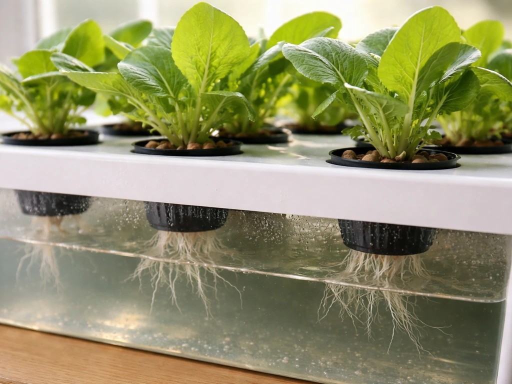 Leafy brassica greens growing in a simple hydroponic DWC/NFT setup with visible nutrient solution level.
