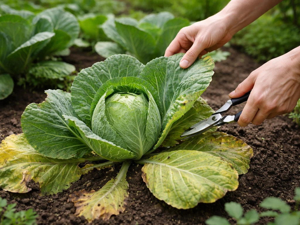 Hands pruning a brassica by removing yellow outer leaves and checking leaf undersides for airflow.