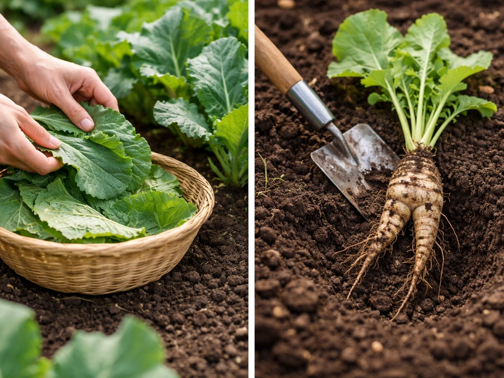 Garden harvest of loose-leaf brassica outer leaves in a basket and a nearby mandrake root dig detail.