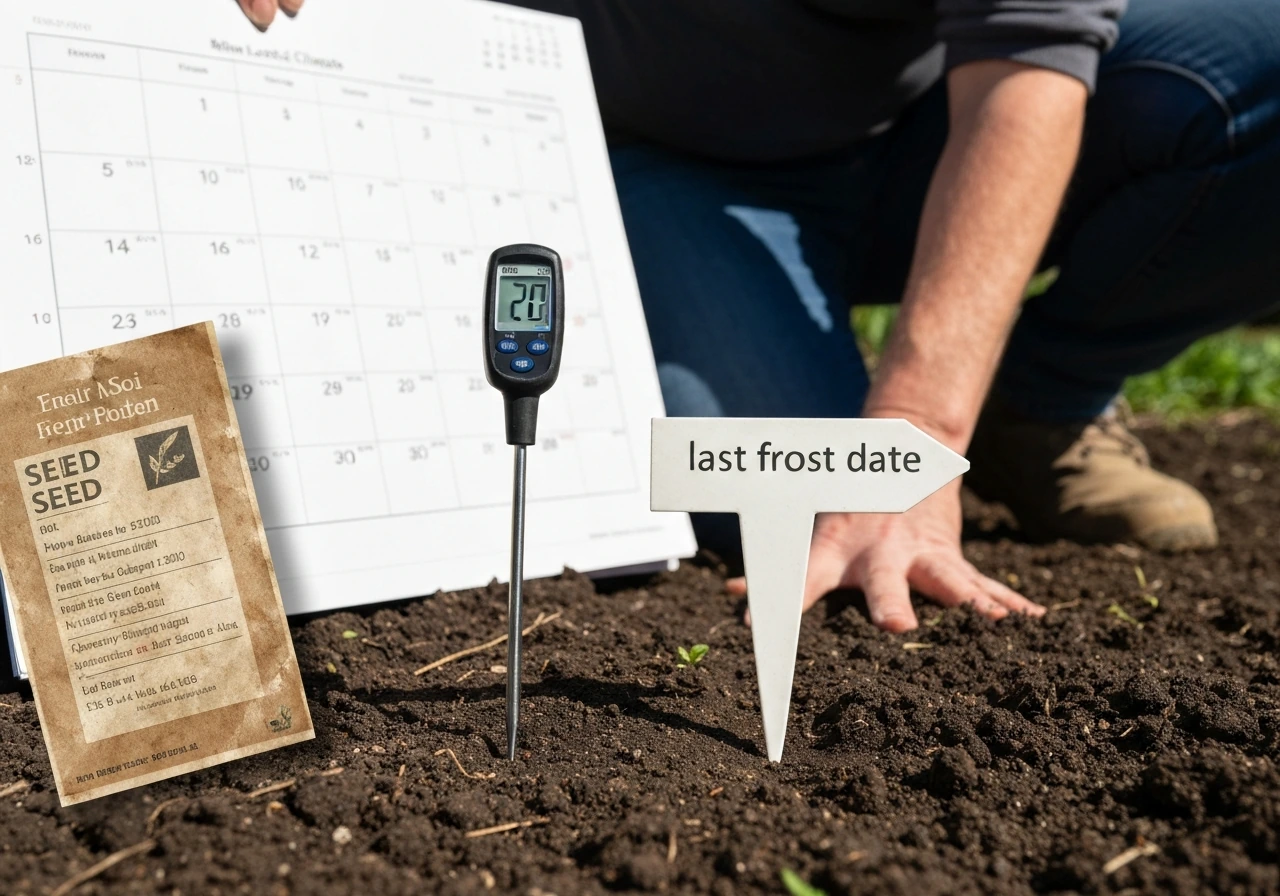 Soil thermometer probe in garden soil to time planting after frost risk