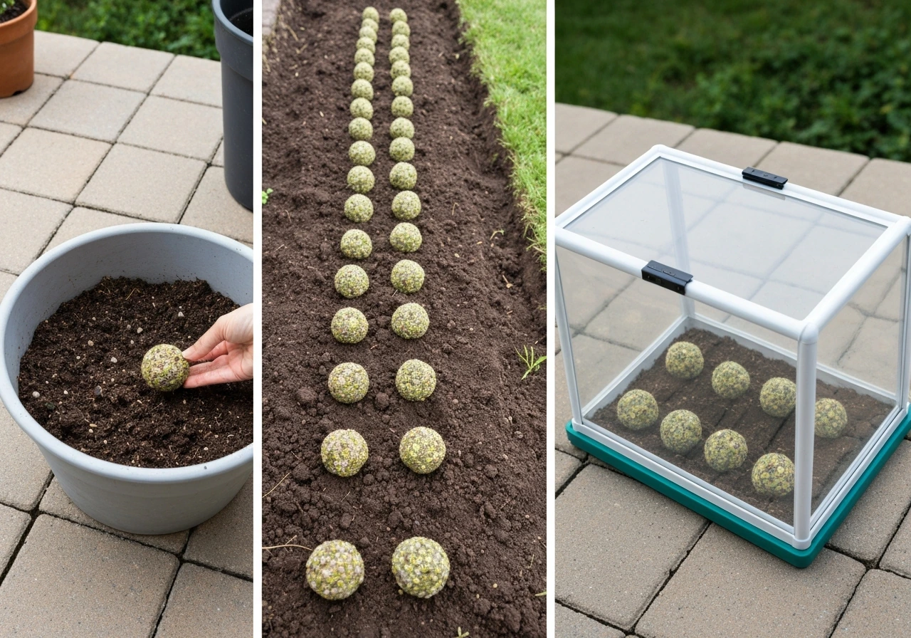 Side-by-side outdoor in-ground, container, and protected setup for seed-ball timing
