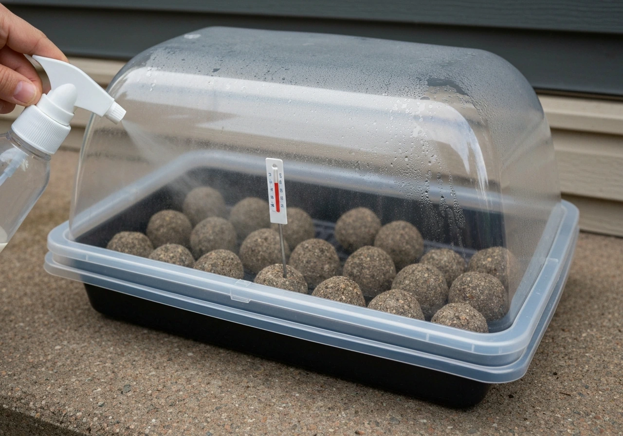 Seed balls under a clear cover with light misting to keep moisture and warmth