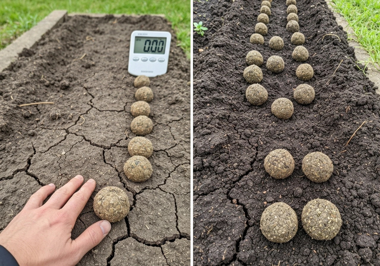 Comparison of dry vs damp seed-ball areas showing timing issues