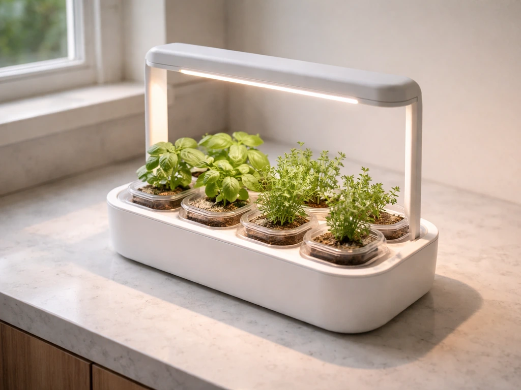 Top-down view of lush seedlings growing in Click & Grow style pods under an LED lamp indoors