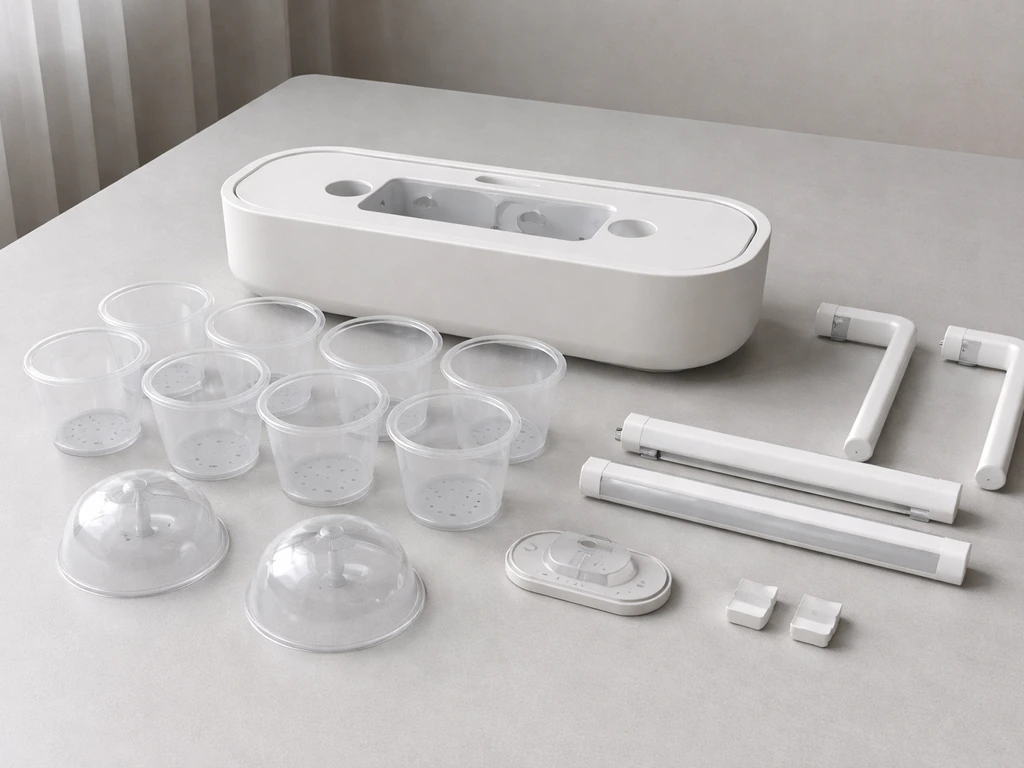 New smart garden components—base, cups, domes, and arm parts—laid out on a clean tabletop.