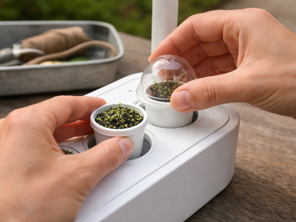 Close-up of hands inserting a pod into a grow unit slot and fitting a clear germination dome.