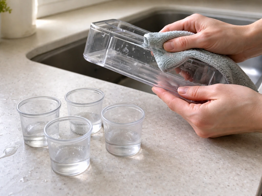 Hand rinses a plastic water tank lid and small cups, wiping off limescale residue
