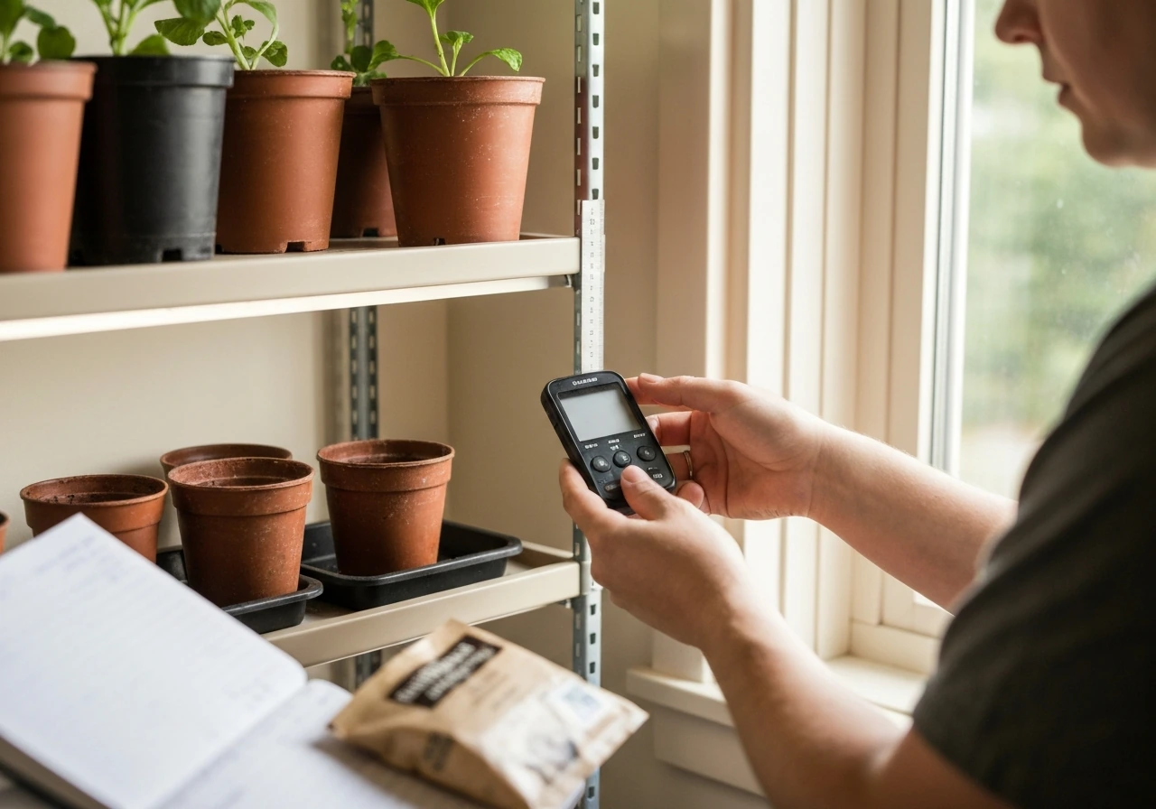Measuring light on a shelf before planting, with a plant light meter/phone app visible