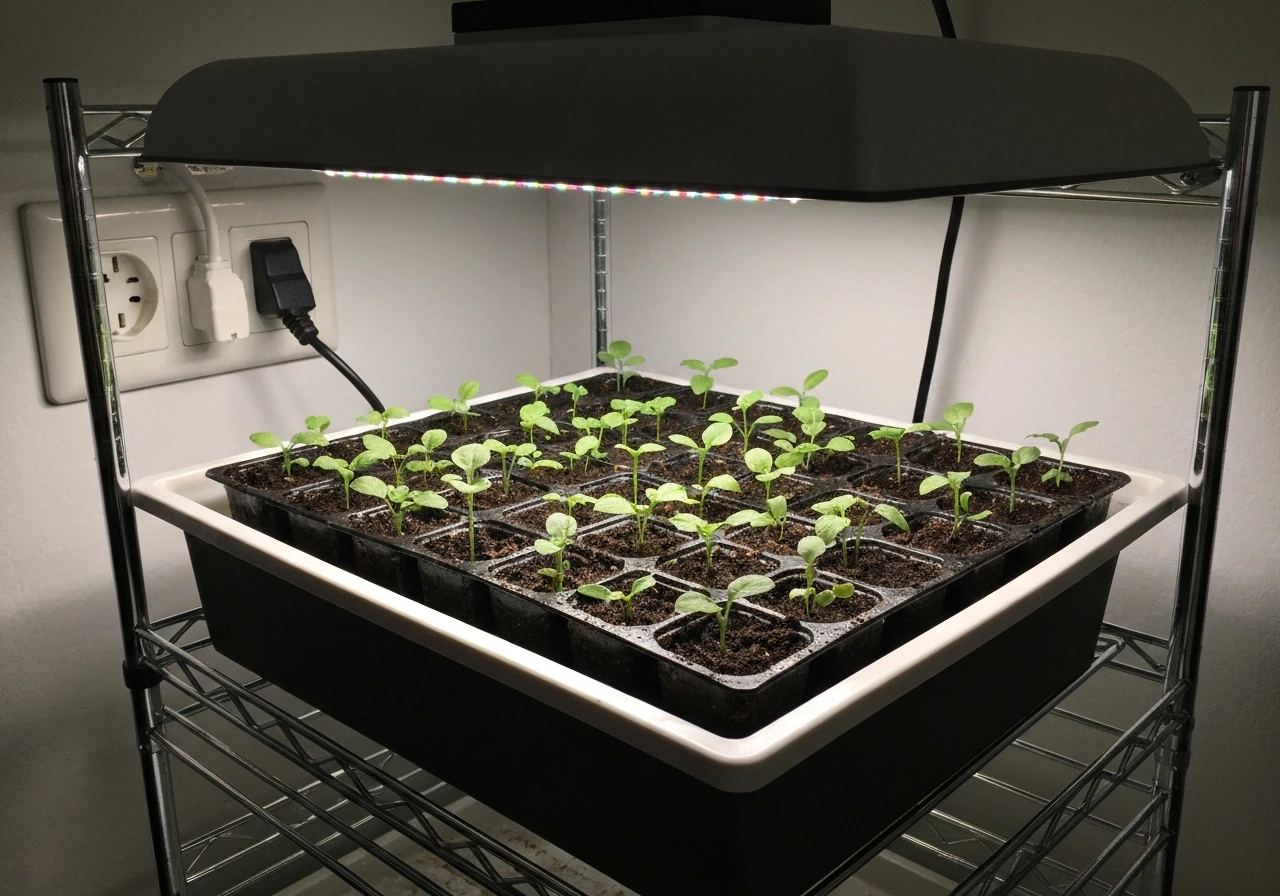 Seedlings under an LED grow light with adjustable timer/stand in view