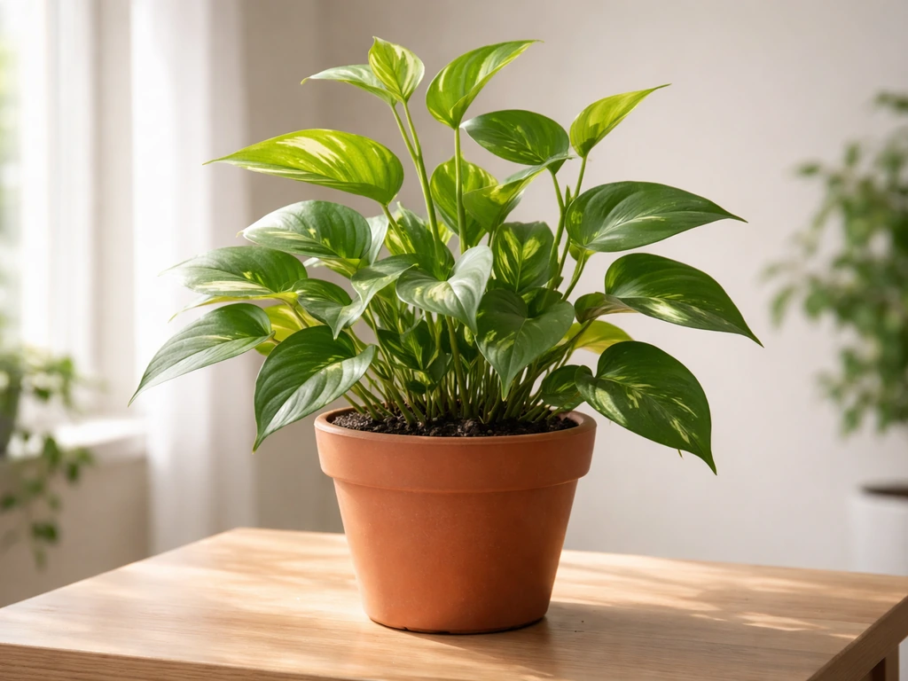Single lush indoor houseplant with vigorous new leaves in bright window light