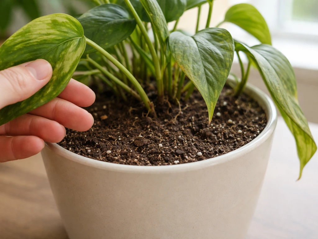 Close-up of an indoor plant with a hand inspecting leaves and soil for slow-growth stress signs.