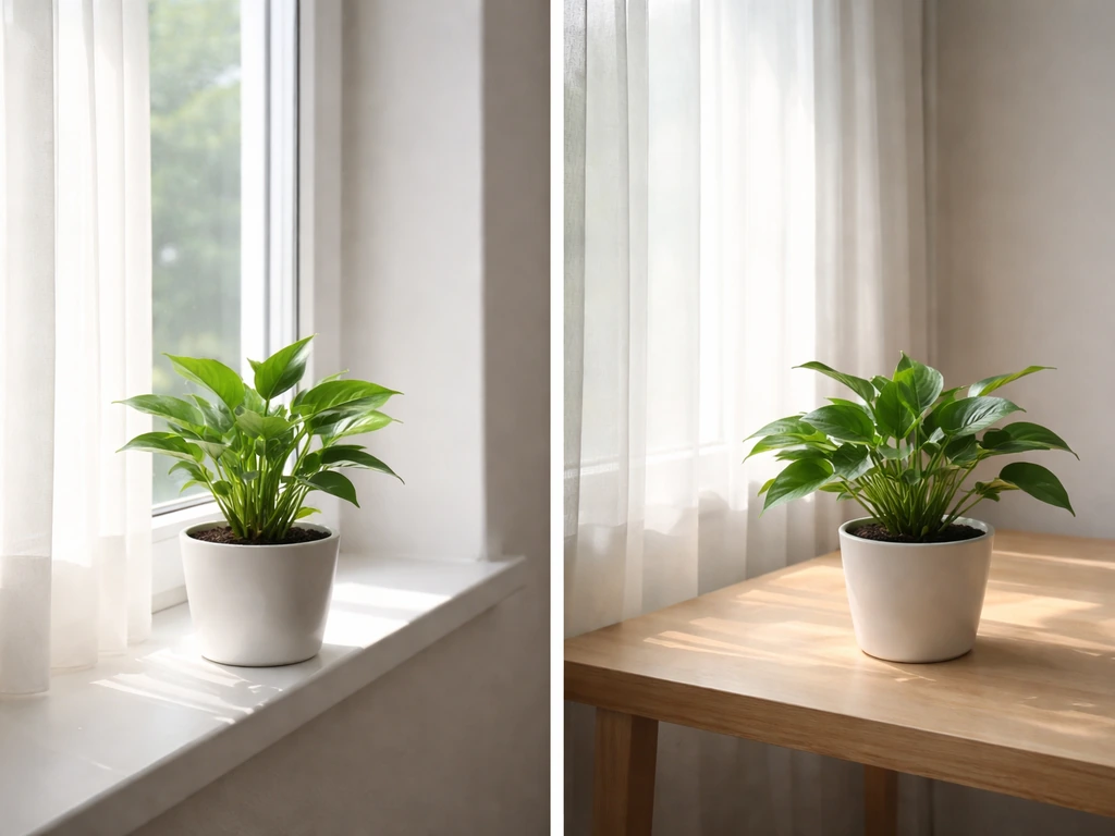 Two similar potted plants near and farther from a sunny window show different leaf posture.