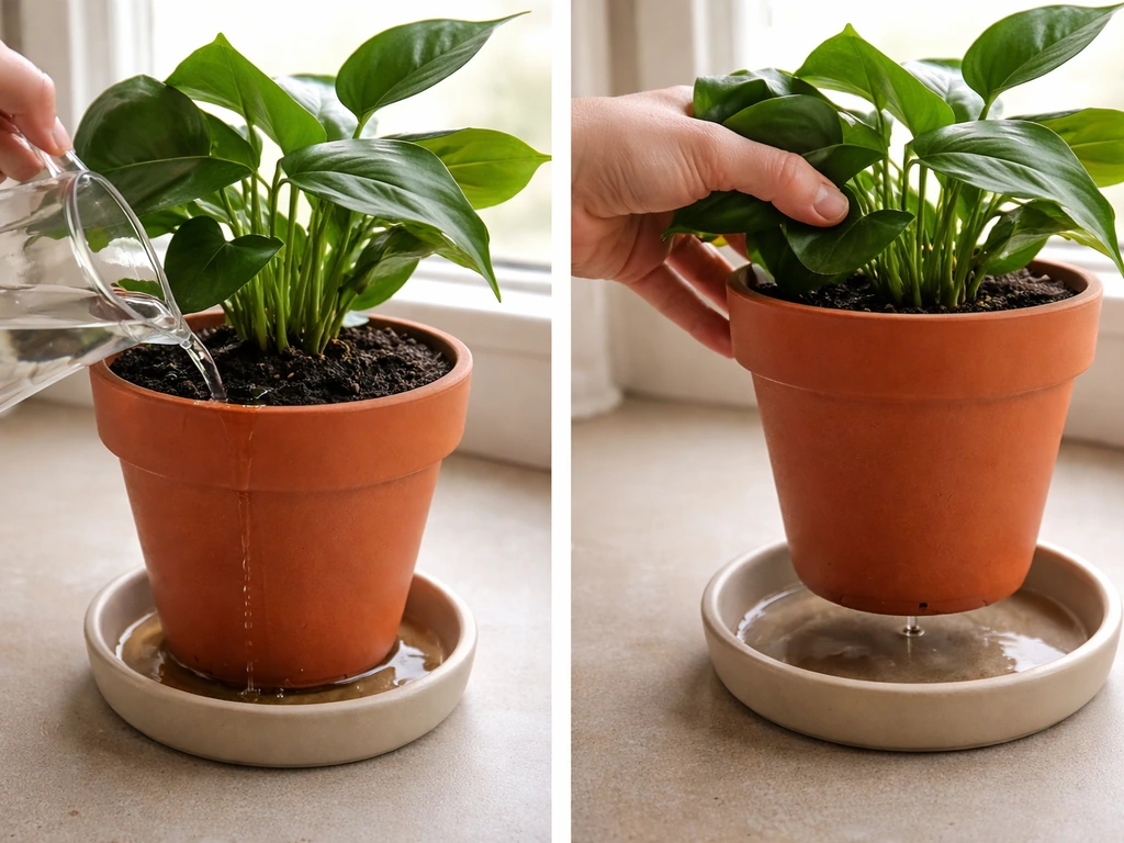 Hand watering a tropical houseplant until soil soaks, then lifting pot to drain off excess water.