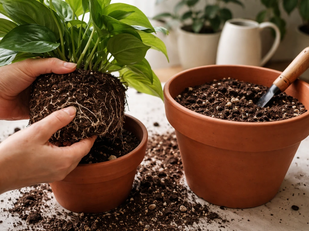 Close-up of a plant root ball being gently loosened and placed into fresh potting mix in a larger pot.