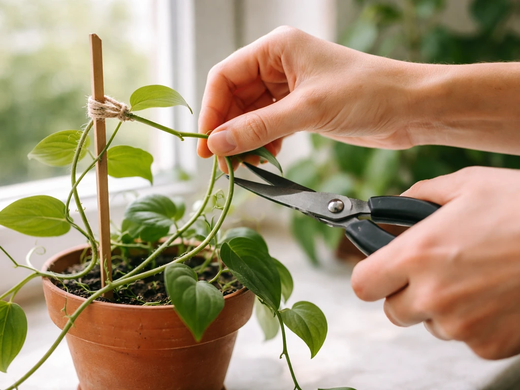 Close-up of hands pruning a leggy houseplant while training new growth tied to a support stake