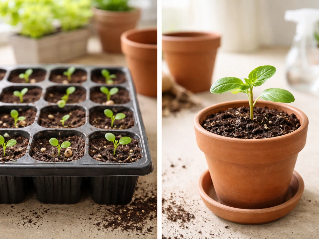 Side-by-side seed tray with scarified seeds and seedlings versus a stronger potted transplant.