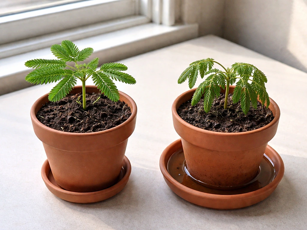 Side-by-side pots: one lightly moist and healthy, one overwatered with water in the saucer and drooping leaves.