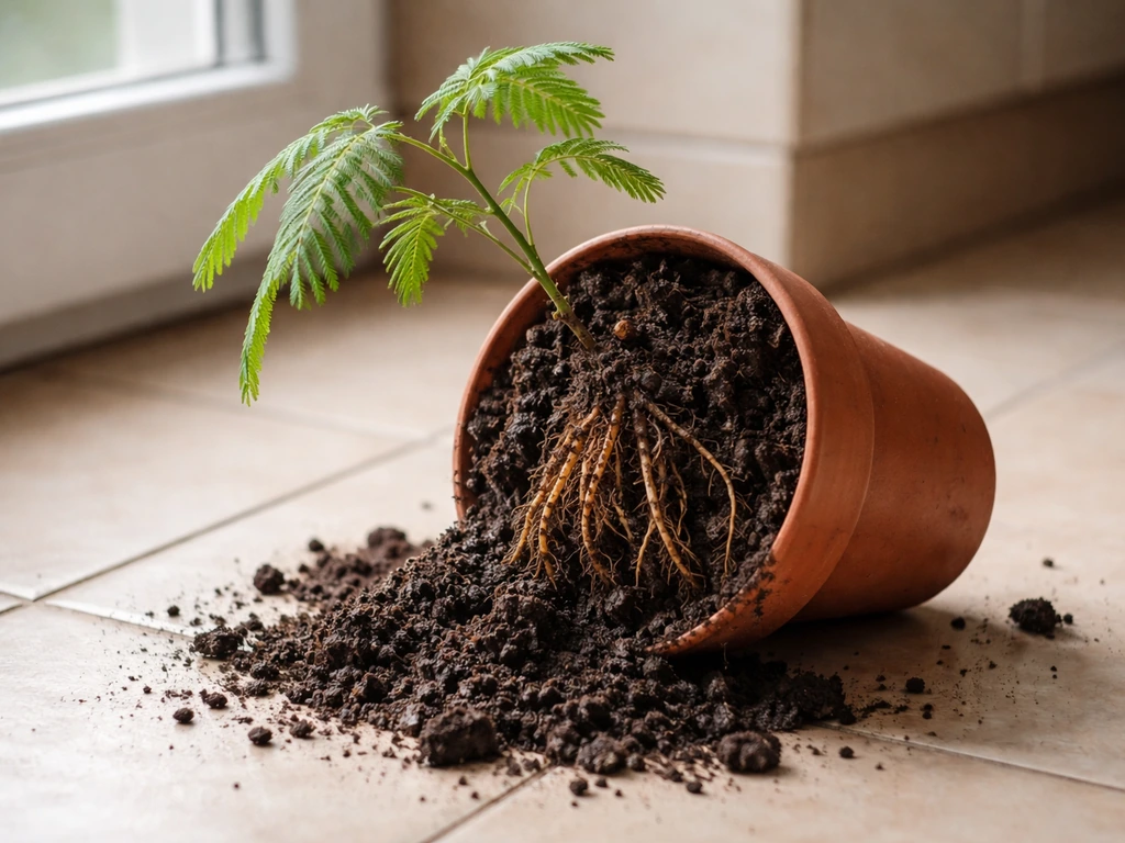 Damp potted plant with drooping leaves and exposed brown, mushy roots indicating overwatering stress.