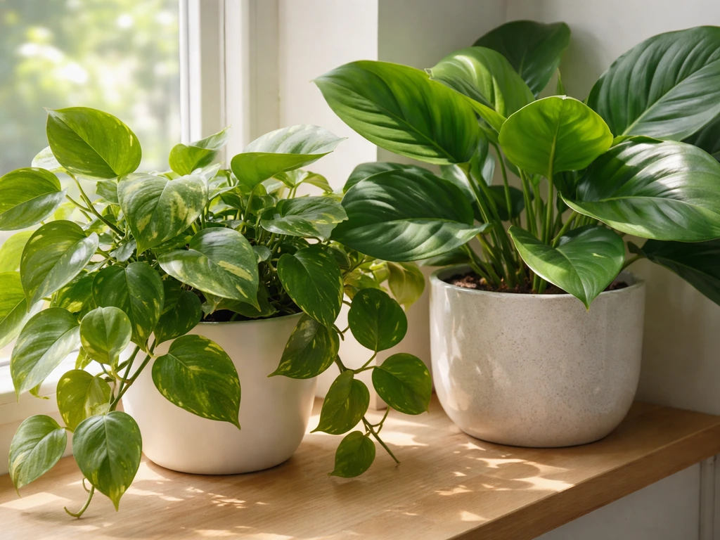Close-up of lush indoor foliage plants with dappled window light on healthy green leaves