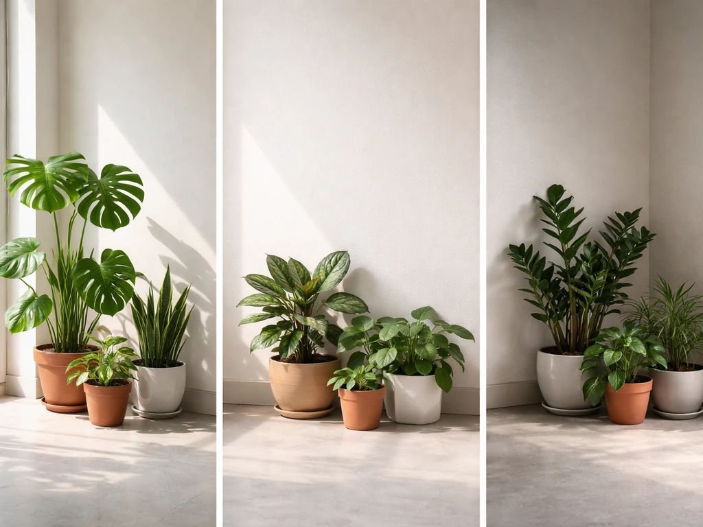 Three groups of healthy foliage plants in bright, medium, and low-light spots near a window.