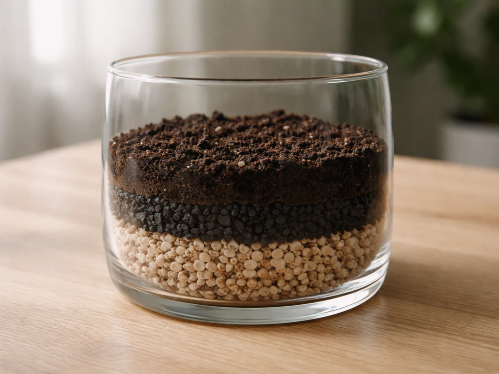 Layered terrarium in a clear glass container with drainage gravel, charcoal, and fresh soil.