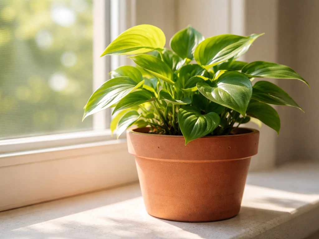 Sunlit window with a leafy plant near the sill in a terracotta pot marked for rotating.