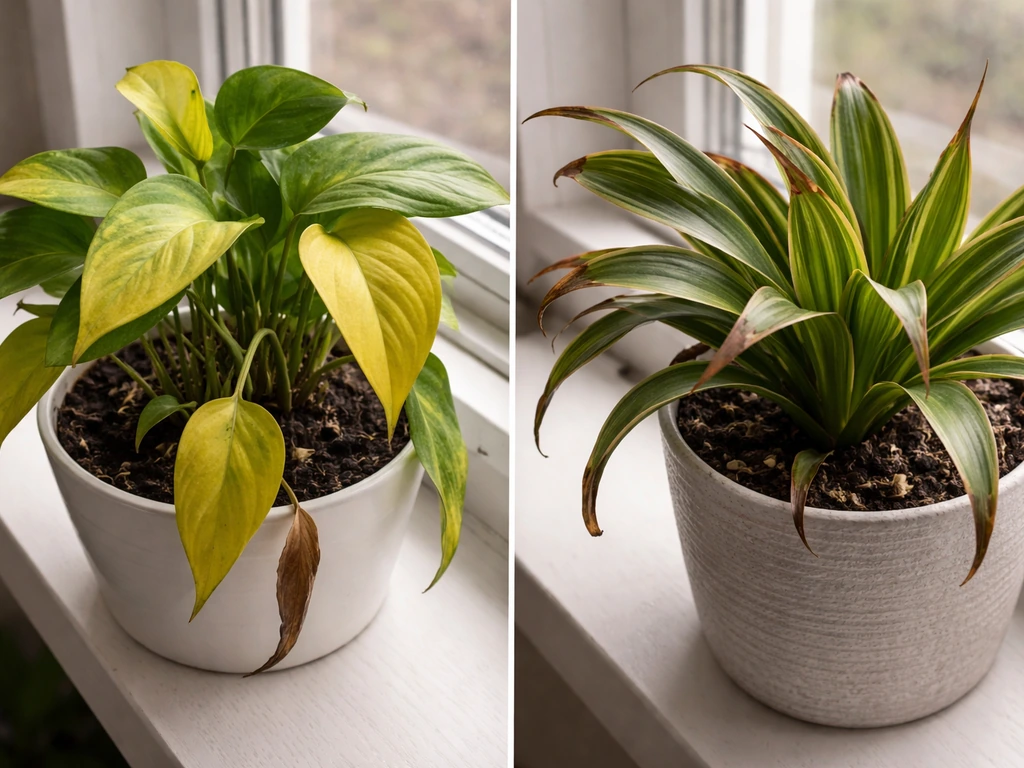 Close-up of two potted plants: one with yellowing leaves, the other with brown crispy leaf tips/edges.