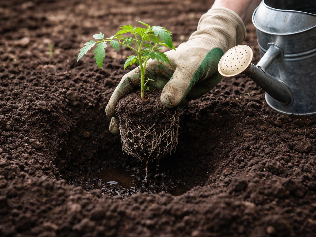 Hands placing a plant root ball into a freshly dug hole in a garden, then watering gently