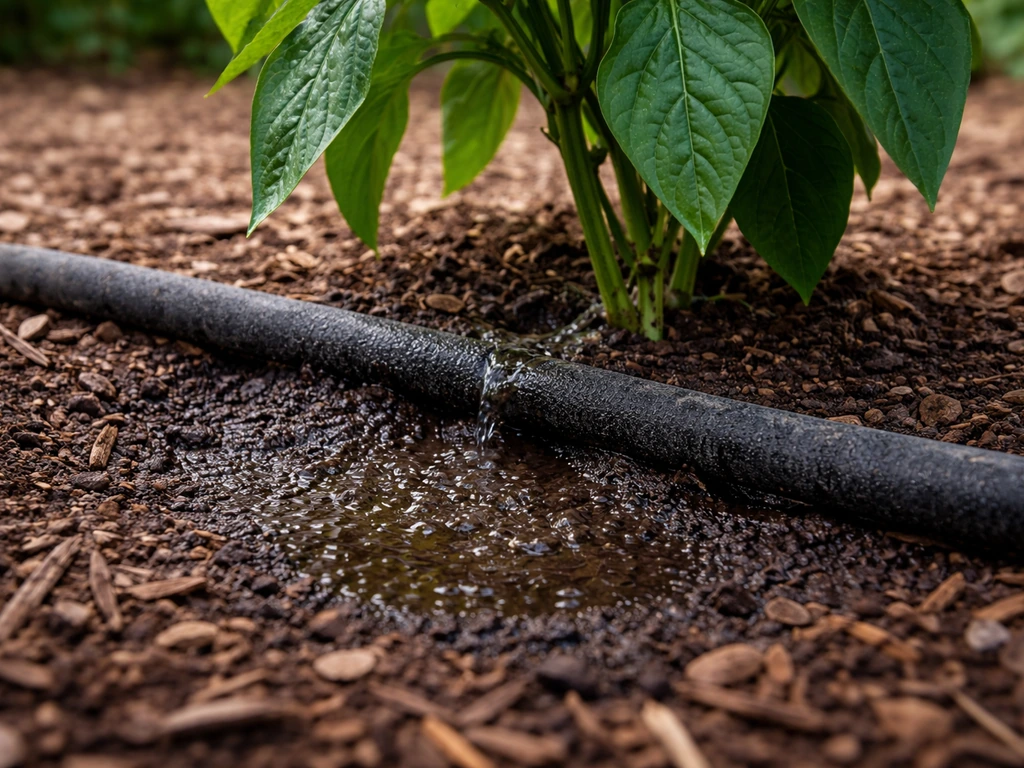Soaker hose watering the base of a large plant, with dark damp soil showing deeper moisture.