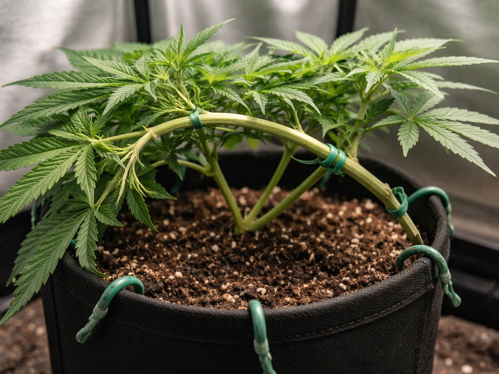 Potted plant with a main branch gently bent and secured by soft ties to widen the canopy.