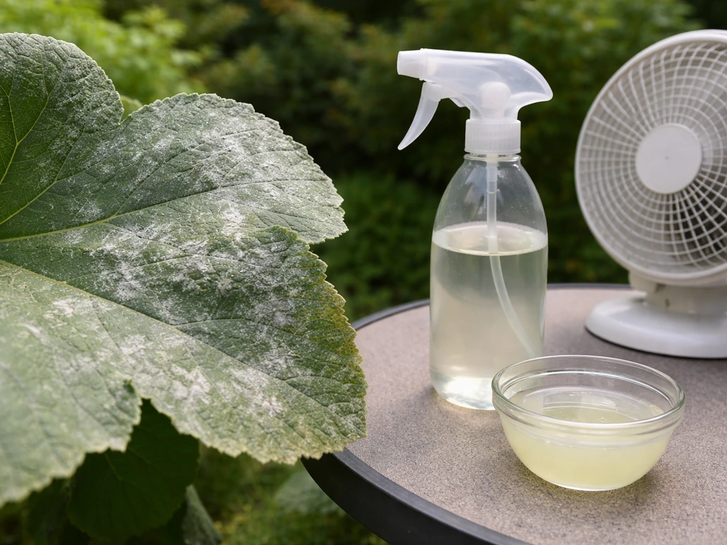 Close-up of a leaf with powdery mildew, with a spray bottle and pale treatment mix nearby.