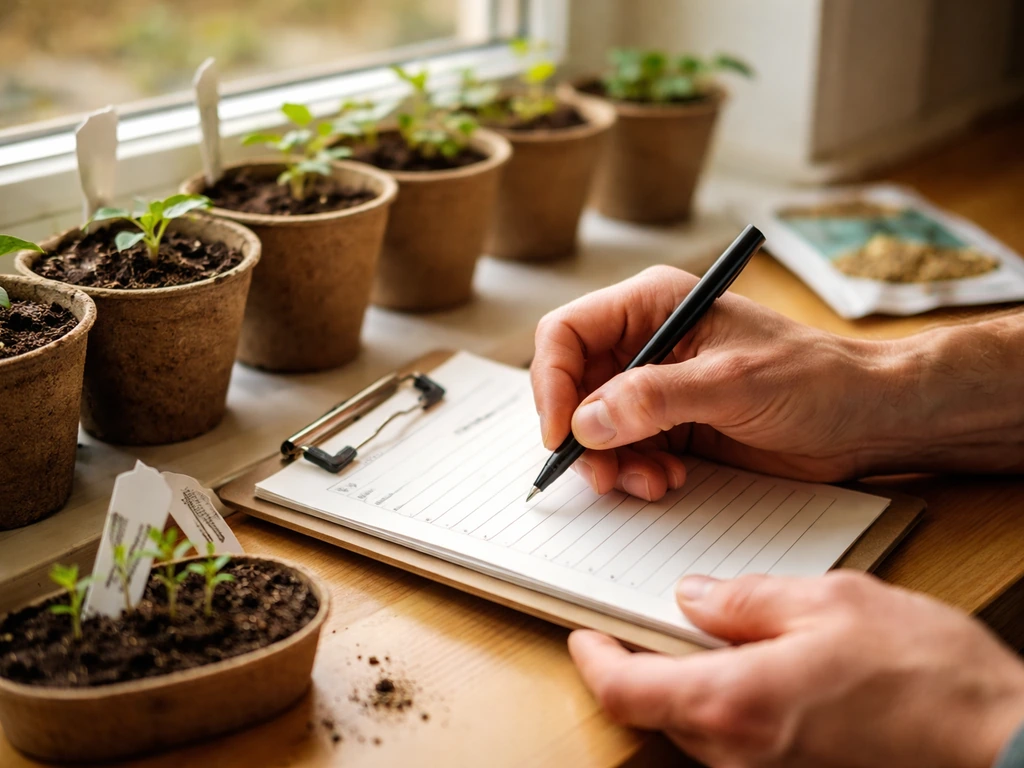 Gardener writing in a plant growing log beside potted seedlings and gardening supplies