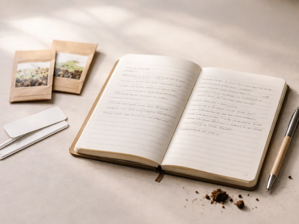 Open growing log notebook with seed packets, plant tags, and pen on a clean desk under natural light.