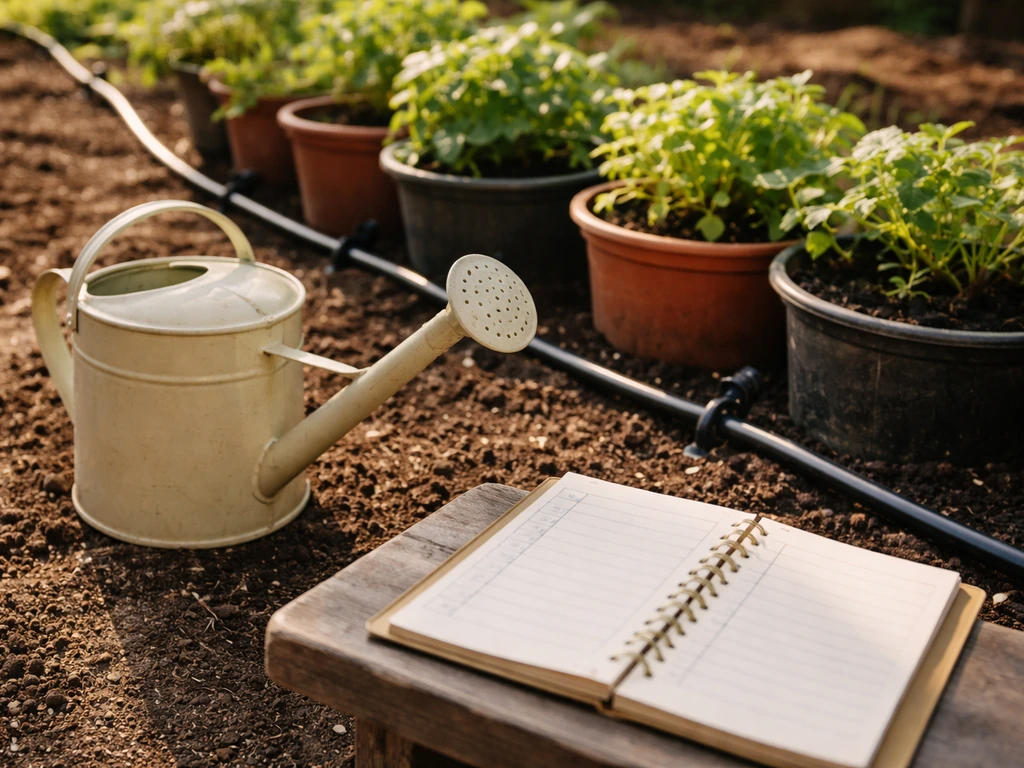 Watering can and drip lines beside a simple plant row; a small schedule notebook with checkboxes nearby.