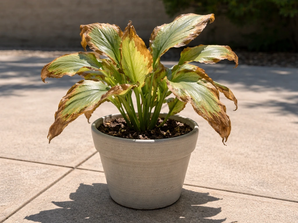 Single potted plant on a sunny patio with pale, scorched leaves showing stress from too much direct sun