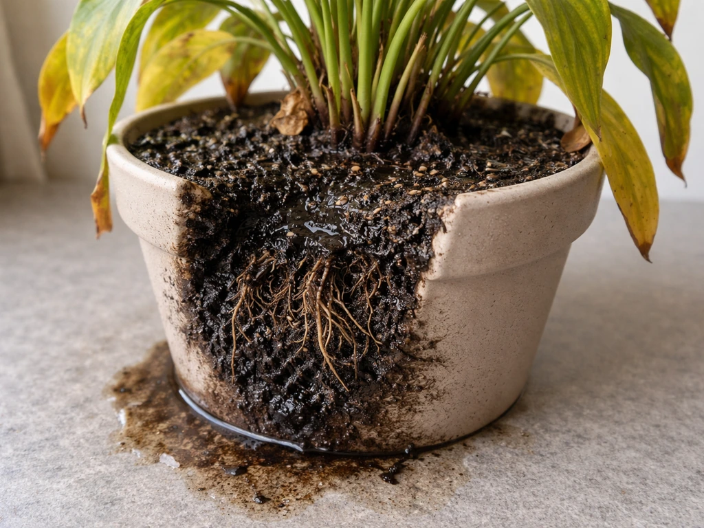 Potted plant with yellow leaves and waterlogged soil, roots partially exposed with early rot signs.
