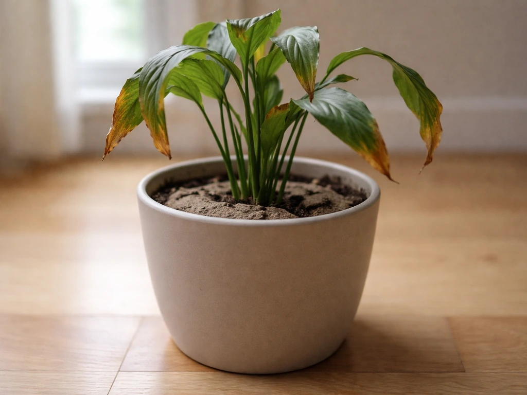 Slightly wilted potted plant with dry soil pulling from pot sides and crispy leaf edges.