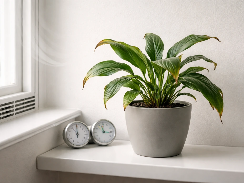 Thermometer and hygrometer on a shelf beside a potted plant showing dry-air leaf tips and a nearby air draft