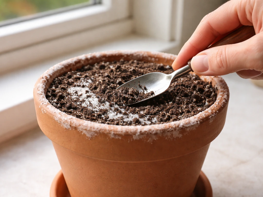 Hand scraping white salt crust from top of soil in a terracotta pot, showing fertilizer buildup.