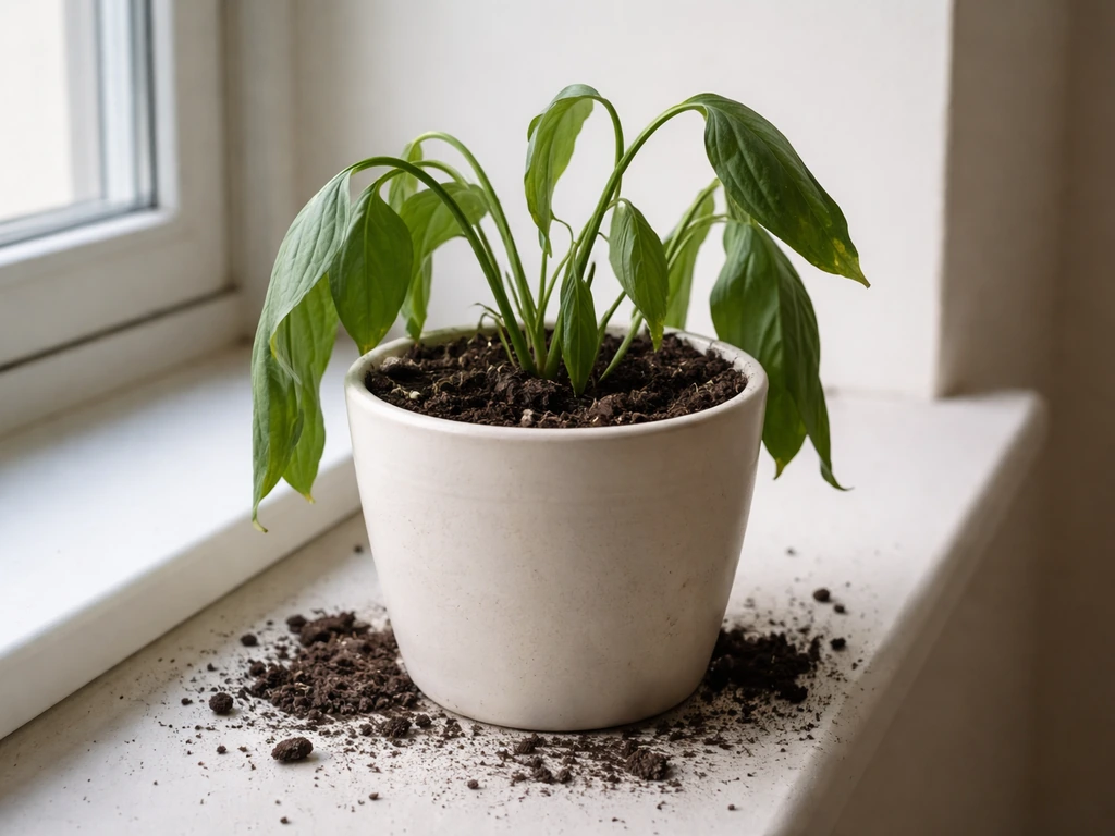 Close-up of a recently repotted houseplant in a simple pot, drooping leaves after root disturbance.