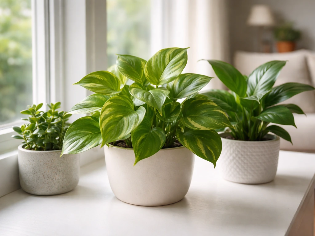 A close, minimal indoor display of pothos and other beginner-friendly green houseplants on a windowsill