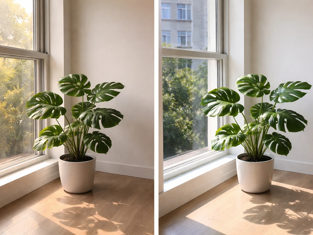 Two identical potted plants by adjacent windows, showing gentler east light versus brighter south light.