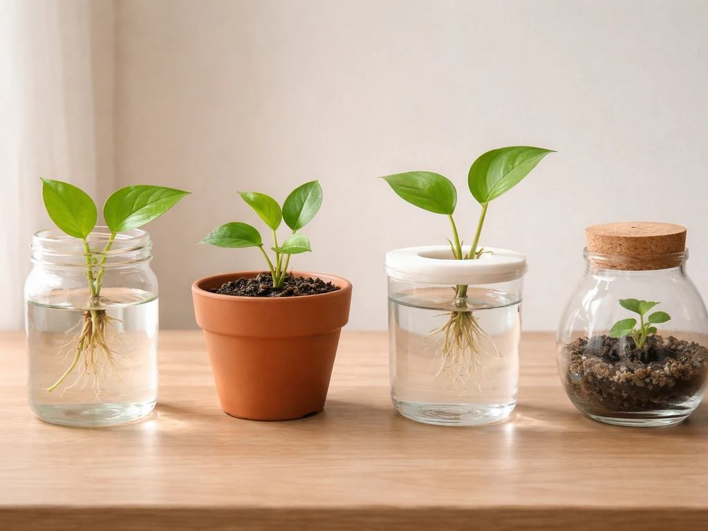 Four simple plant-growing methods shown: rooting in water, soil pot, hydroponics, and a small terrarium.
