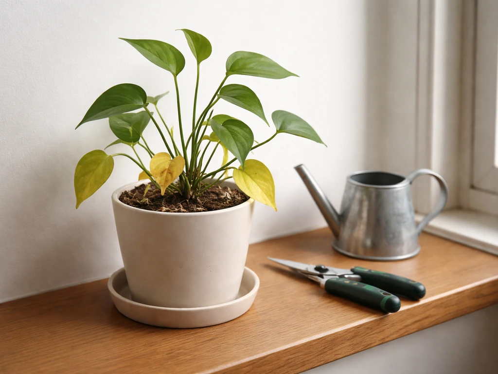 Minimal photo of potted plant with yellowing leaves, watering can, and pruning shears on a windowsill
