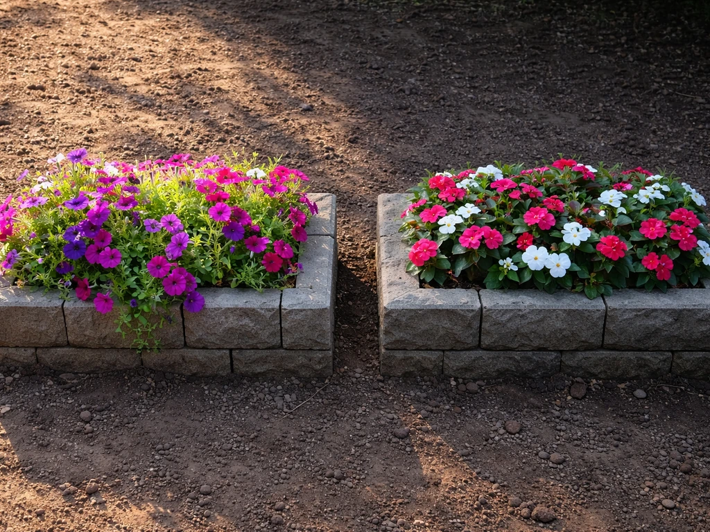 Two flowering planters—petunias in sun and impatiens in shade—showing correct plant match.