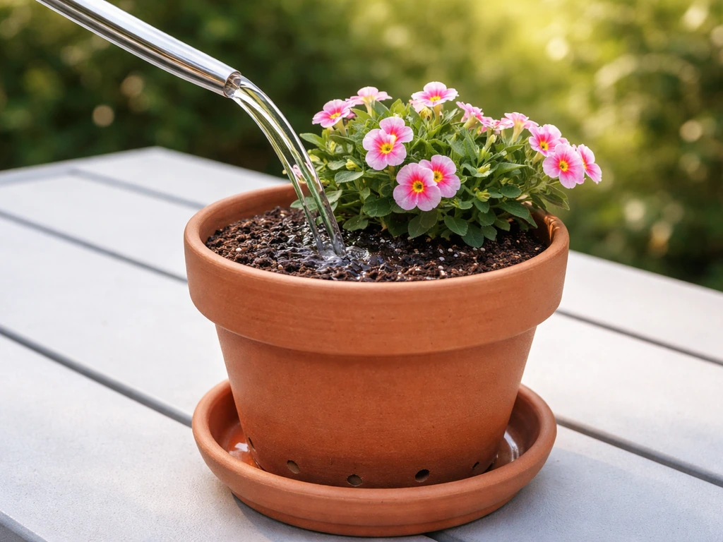Hand watering a flowering-ready potting mix in a perforated pot with a drainage saucer.