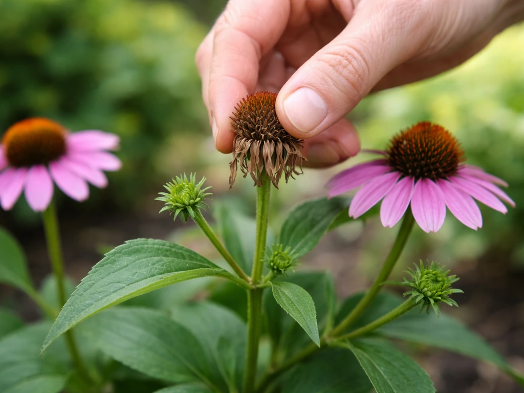 Gardener’s hands deadheading a spent flower on a blooming plant, showing new growth nearby.