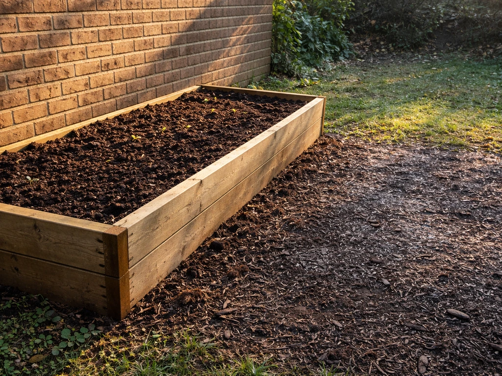 South-facing garden bed beside a brick wall with sun-warmed soil and a cooler nearby ground patch contrast.
