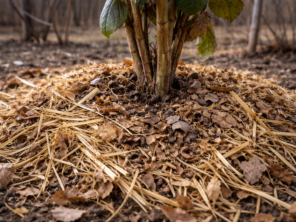 Close-up of 2–3 inches of straw and shredded leaves mulching around overwintering plants